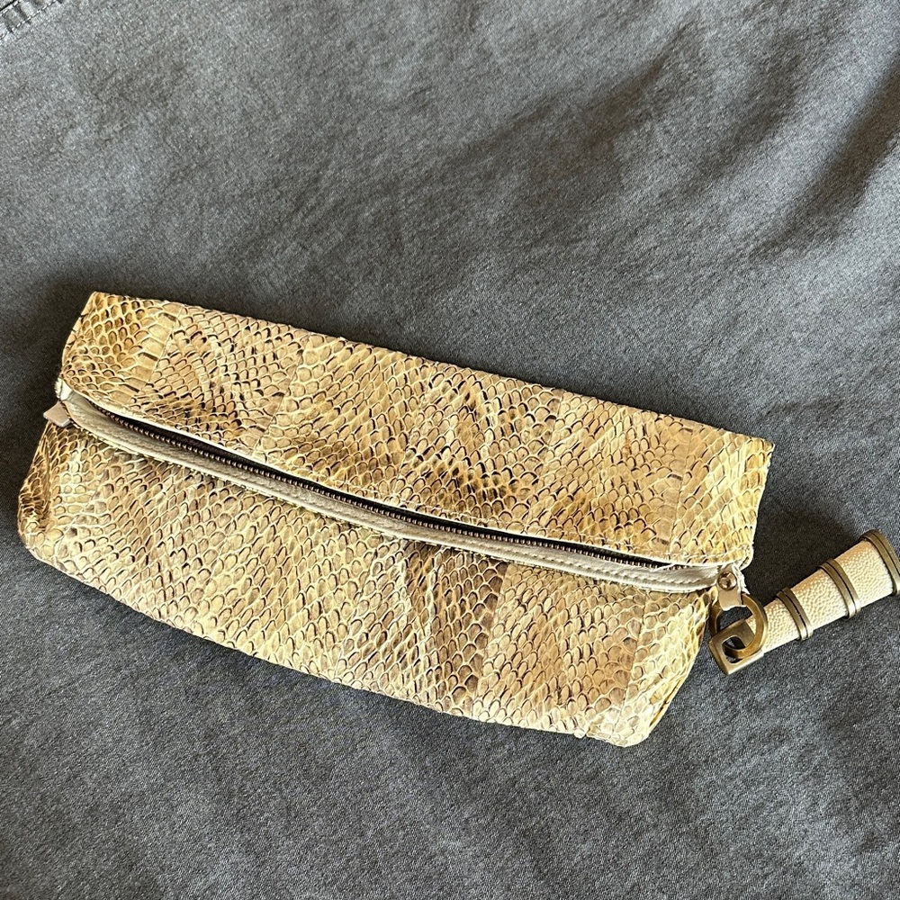 R&Y Augousti Gold Snakeskin Clutch